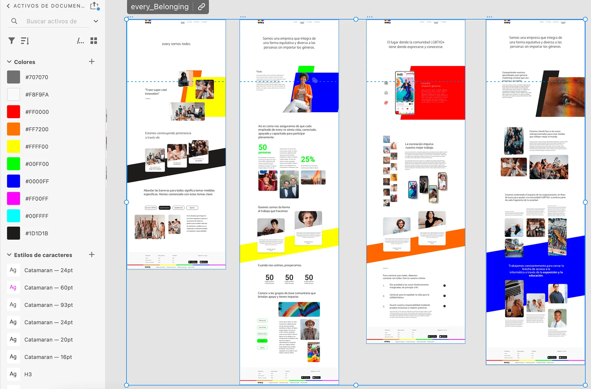 every web pages in Adobe XD with the color palette and text styles panel