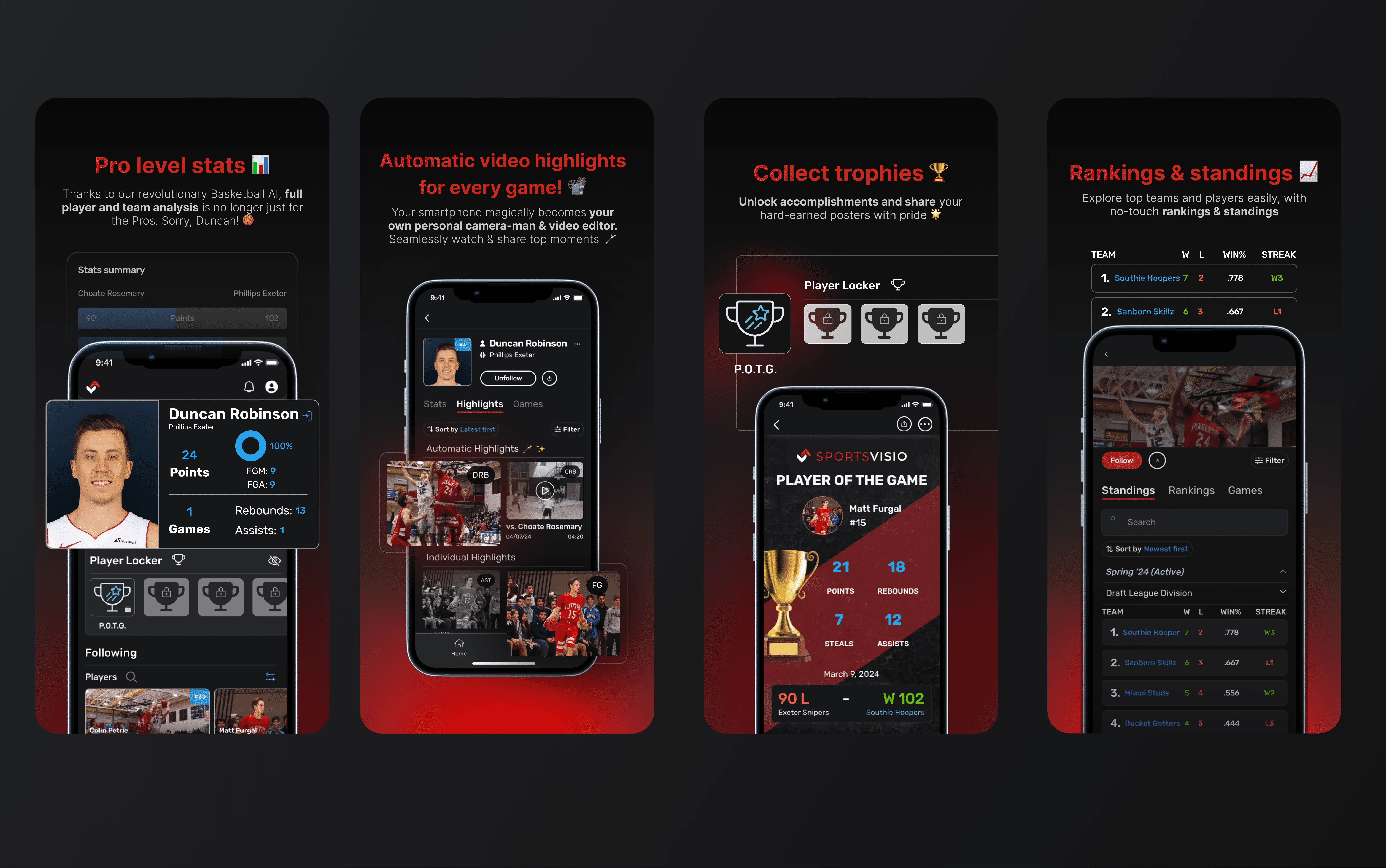 SportsVisio app: stats, automatic highlights, trophies, rankings and standings
