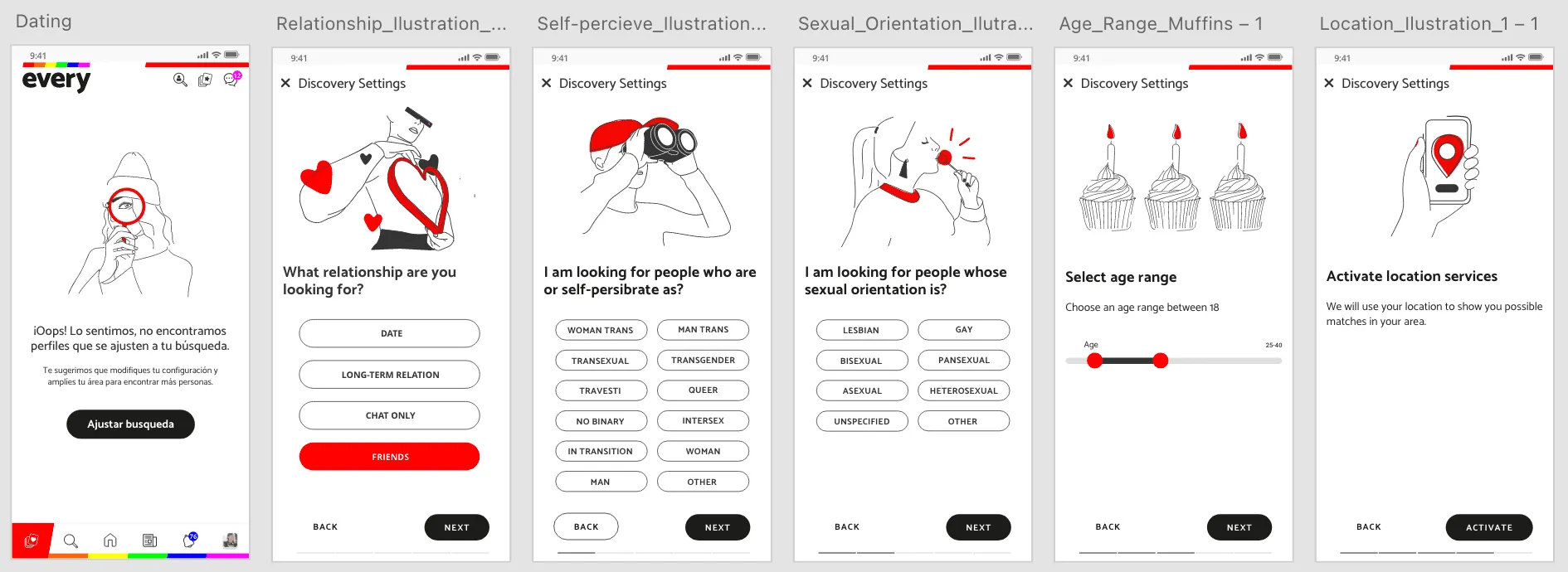 Discovery settings: relationship type, gender identity, sexual orientation, age range and location, each with an illustration