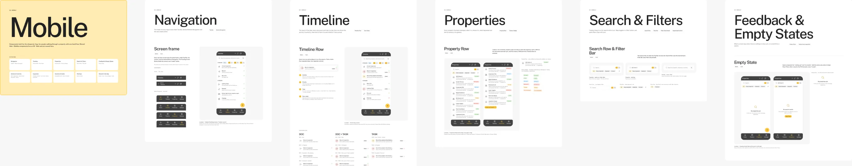 The 03 · Mobile page of the zInspector Design System in Figma: an index board, then Navigation, Timeline, Properties, Search & Filters and Feedback & Empty States