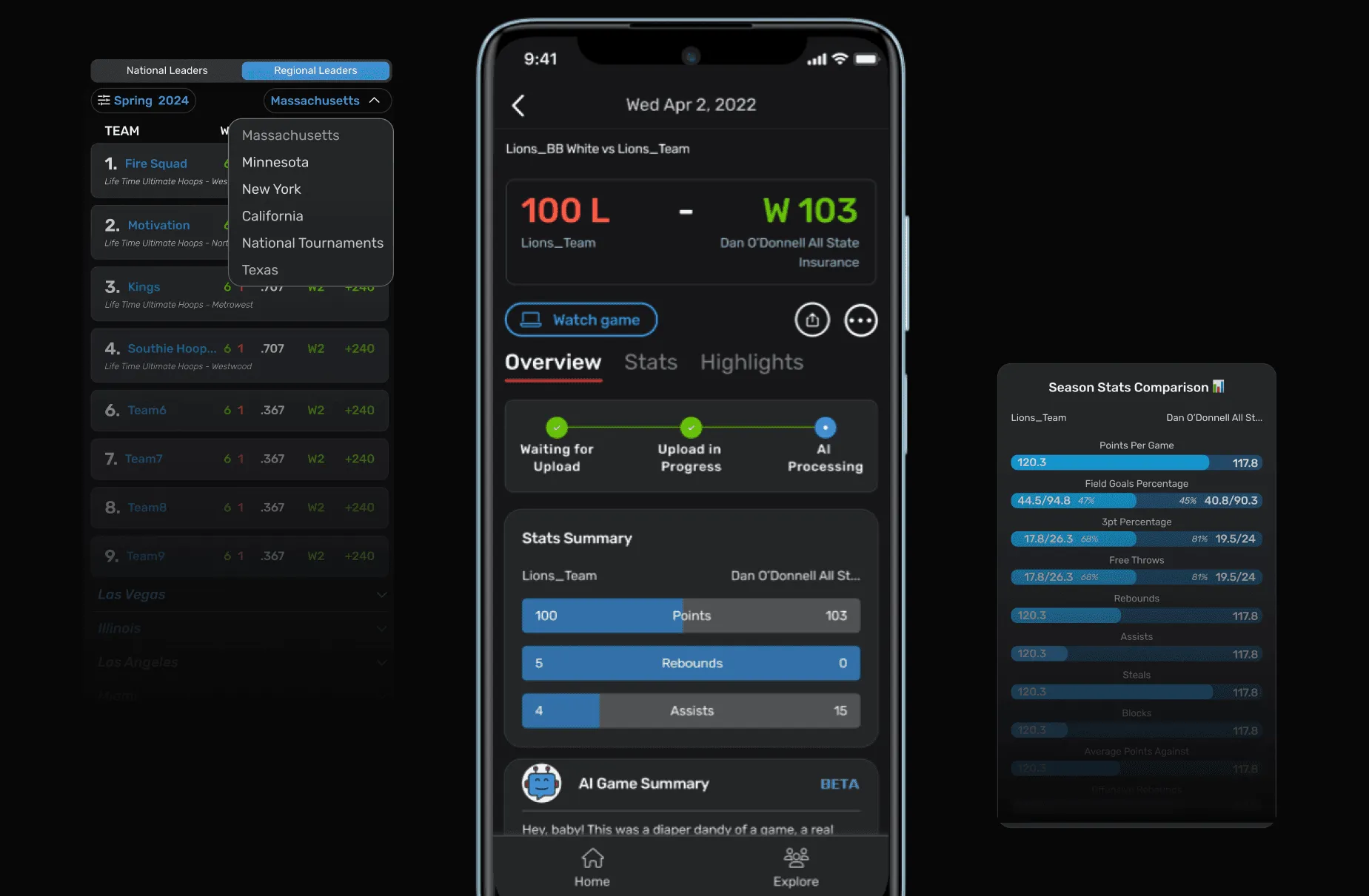 Game overview with AI processing status, stats summary and season comparison
