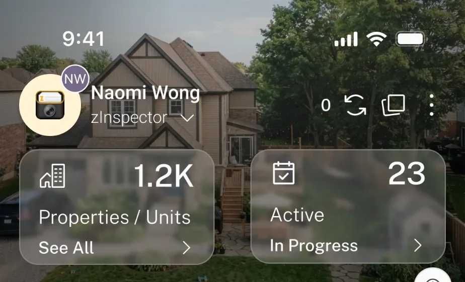 zInspector Home header: account, 1.2K Properties / Units and 23 Active In Progress over a property photo