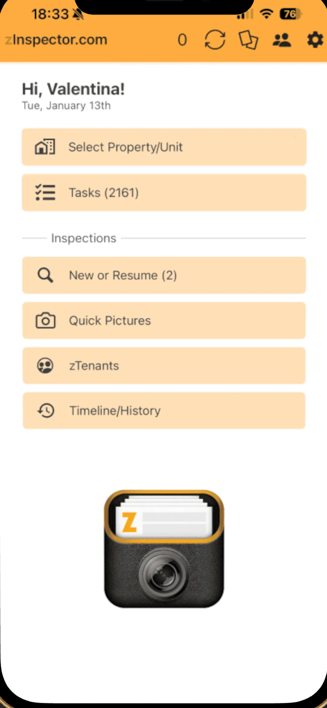 Old home: six equal orange buttons and the app logo