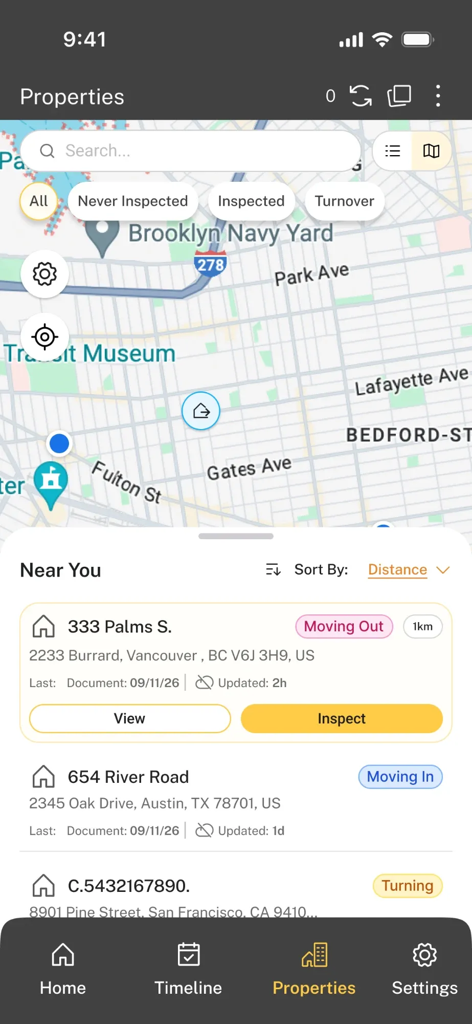 Properties: map with filters and a Near You list sorted by distance