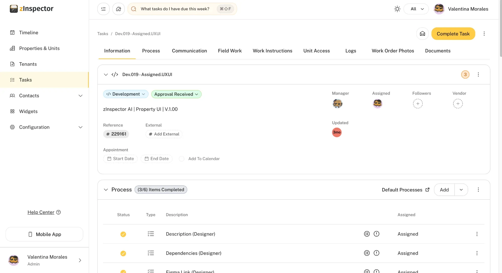 New task view: tabs, status chips, people and a process checklist