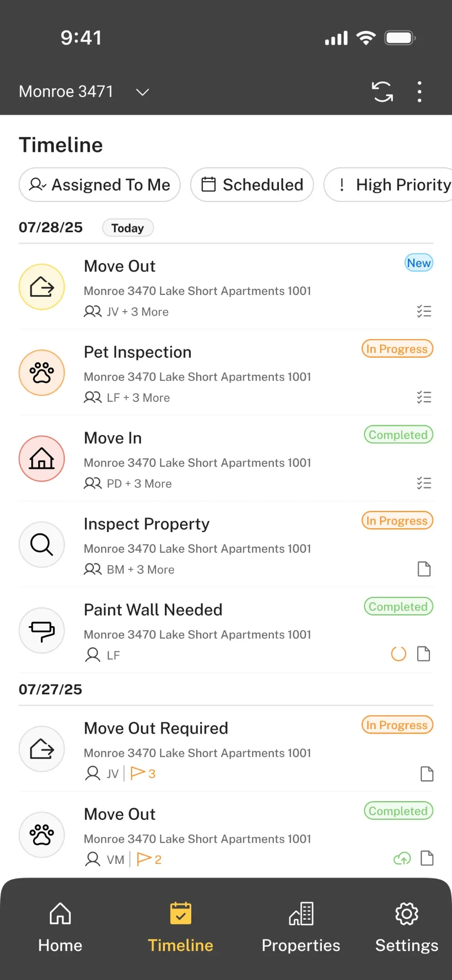 Timeline: inspections by day with status, people and filters