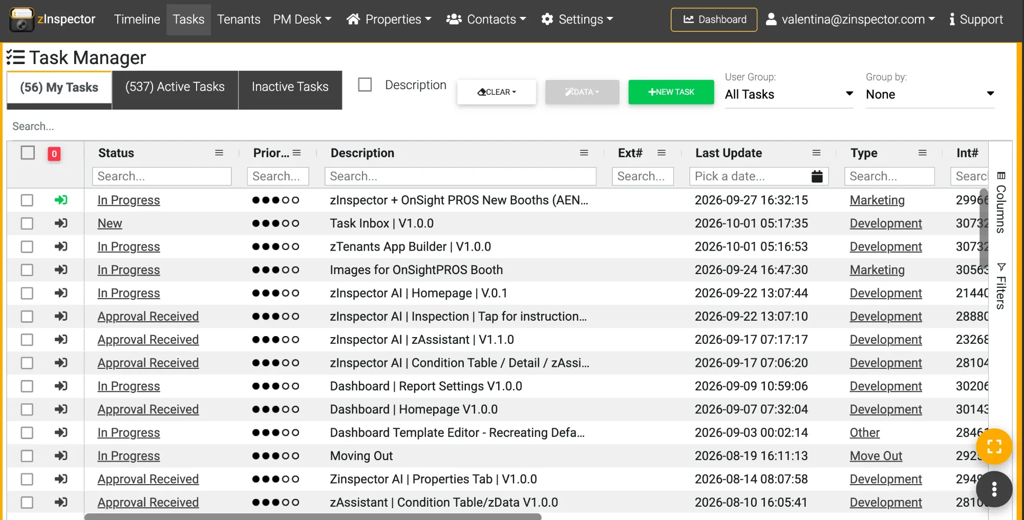 Old web task manager: a dense table with many columns