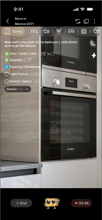 zAssistant camera: area path at the top, detected details with conditions, recording timer